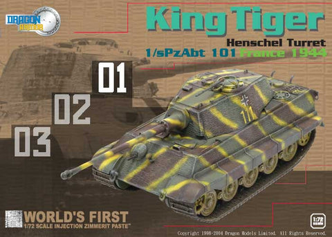 Dragon Models 1/ 72nd Scale Armor Sd.Kfz. 182 King Tiger (Henschel Turret) w/Zimmerit, 1/sPzAbt 101, France 1944 #60049