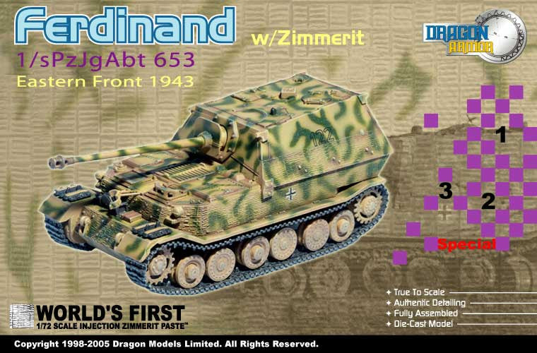 Dragon Models 1/ 72nd Scale Armor  Sd.Kfz.184 Ferdinand w/zimmerit, 1/sPzJgAbt 653, Eastern Front 1943 #60124