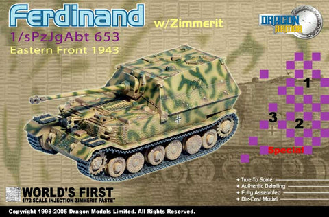 Dragon Models 1/ 72nd Scale Armor Sd.Kfz.184 Ferdinand w/zimmerit, 1/sPzJgAbt 653, Eastern Front 1943 #60124