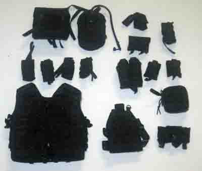 DAM Toys Loose 1/6th MOLLE Vest (SPOSN) w/Web Belt, 13x Pouches, Hydration Pack & MOLLE Leg Panel (Black)  #DAM4-Y751