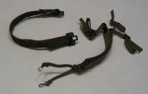 Dragon Models Loose 1/6th Scale WWII US Web Belt (Khaki, weathered) w/OD M1936 ribbon suspenders Clip-hooks  #DRL3-Y154